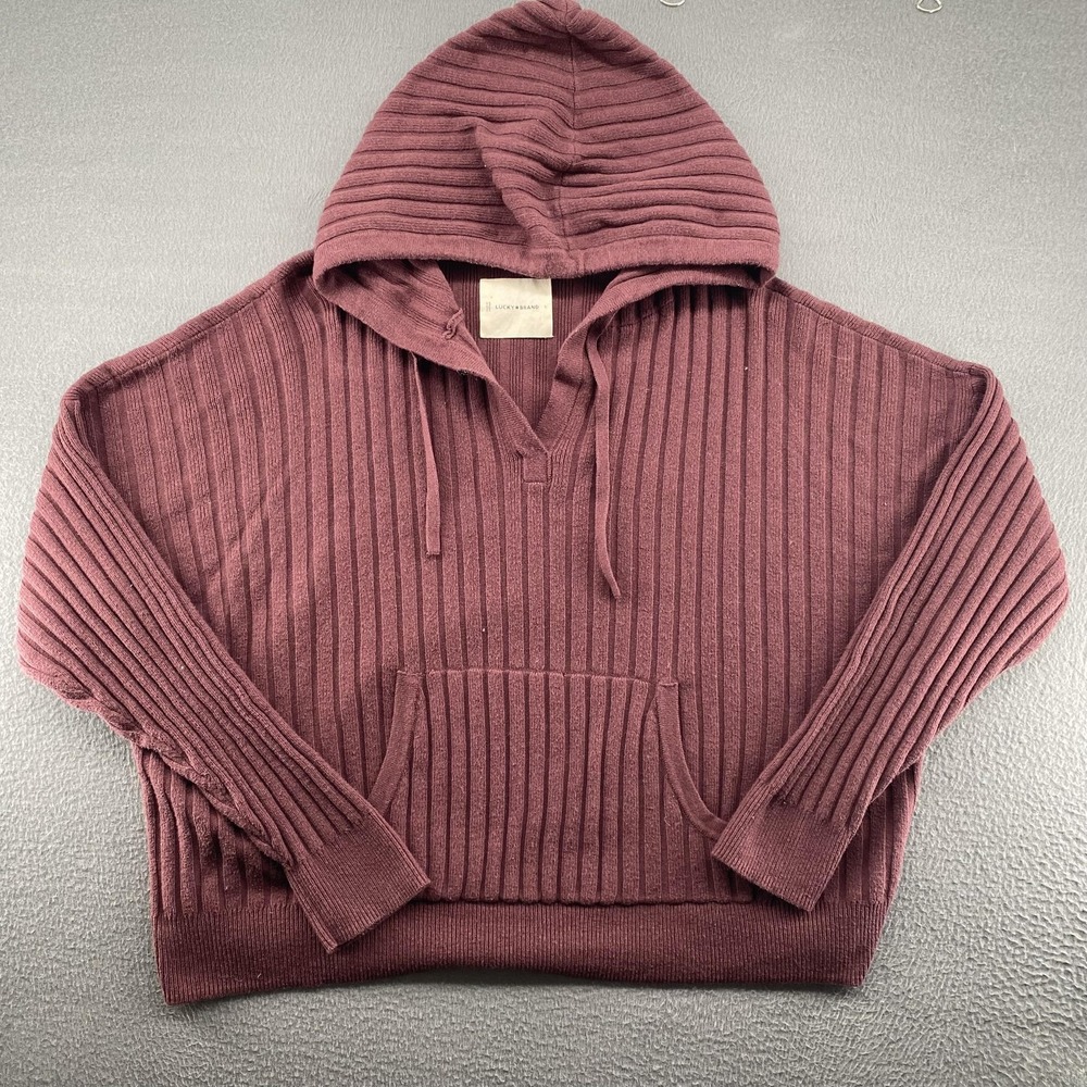 Lucky Brand Sweater Womens Large Purple Ribbed Hooded V Neck Pullover Knit
